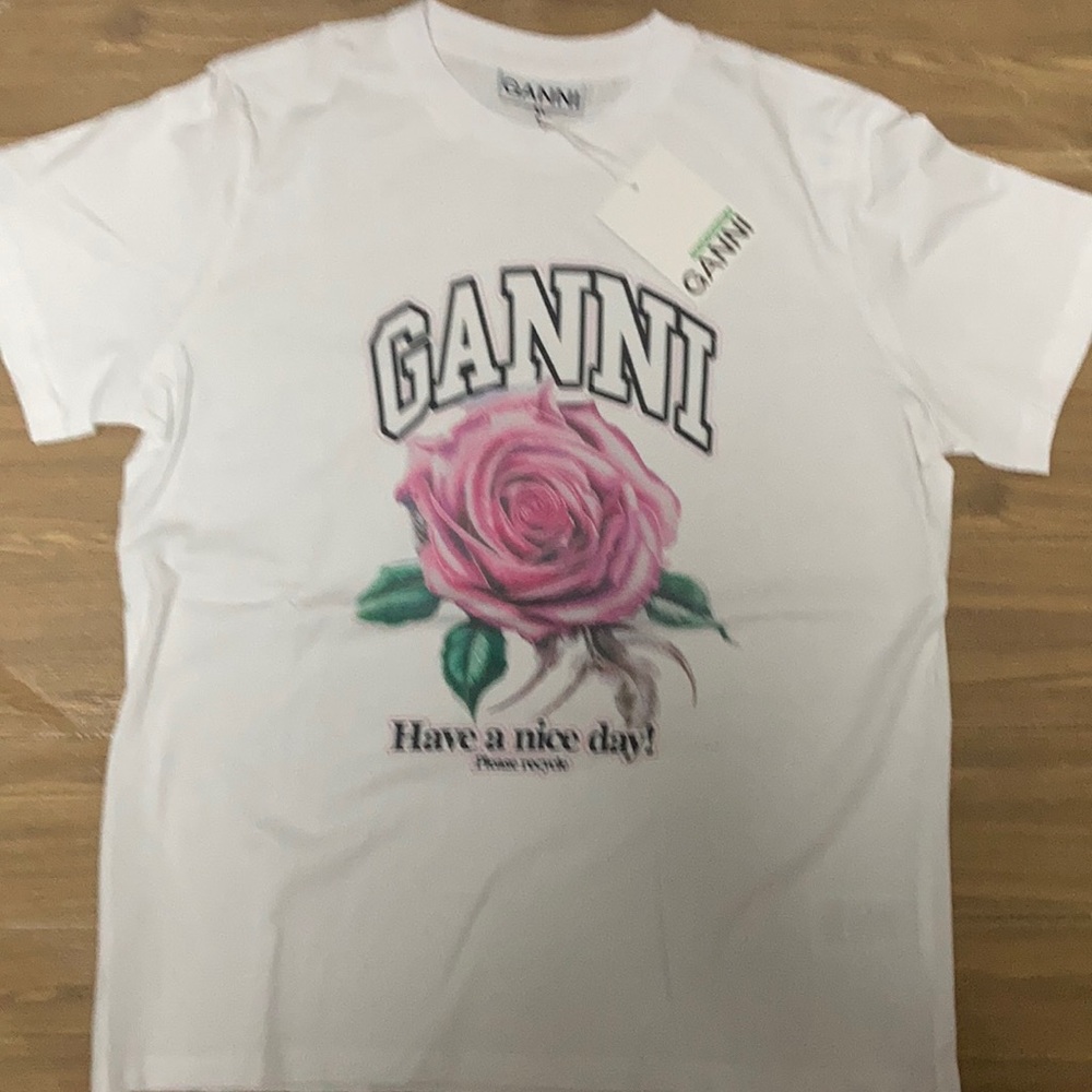 Ganni White T-Shirt rose pattern short sleeved top size Medium